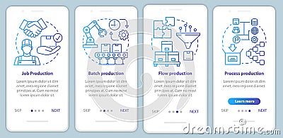 Manufacturing method blue onboarding mobile app page screen vector template. Job, batch, flow, process production Vector Illustration