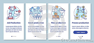 Manufacturing method onboarding mobile app page screen with linear concepts. Job, batch, flow, process production Vector Illustration