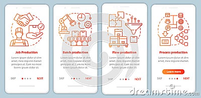 Manufacturing method red onboarding mobile app page screen vector template. Job, batch, flow, process production Vector Illustration