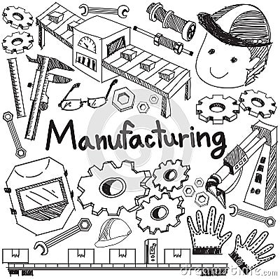 Manufacturing and operation system in factory production assembly line handwriting doodle sketch design tools sign and symbol in Vector Illustration