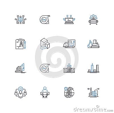 Manufacturing plant line icons collection. Assembly, Production, Operations, Supply, Efficiency, Machinery, Logistics Vector Illustration