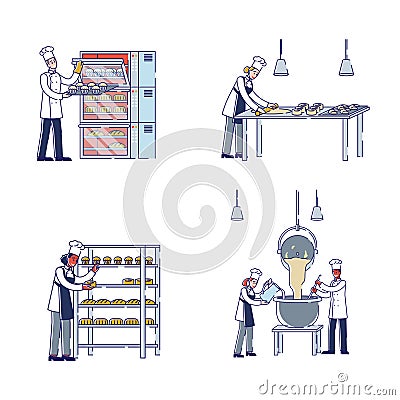 Manufacturing Process In Bakery Concept. Characters Kneading Dough, Make Bakery Products, Put It To Oven For Baking Vector Illustration