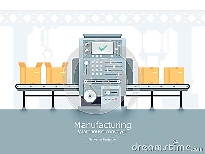 Manufacturing warehouse conveyor. Assembly production line flat vector industrial concept Vector Illustration