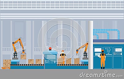 Manufacturing Warehouse Conveyor with workers. Vector Illustration