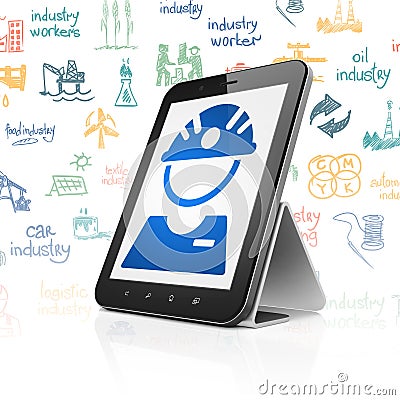 Manufacuring concept: Tablet Computer with Factory Worker on display Stock Photo