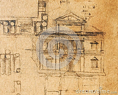 Manuscript, drawings, blueprints, house project by Leonardo Da Vinci in the old book The Codice Sul Volo, by E. Rouveyre , 1893 Editorial Stock Photo