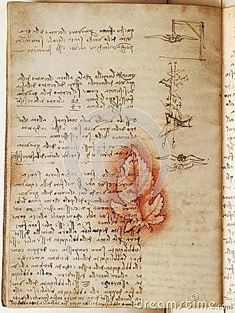 Manuscript, drawings, red leaf by Leonardo Da Vinci in the old book The Codice Sul Volo, by E. Rouveyre , 1893 Stock Photo