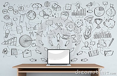 Manuscript project presentation written on a grey wall over desk Stock Photo