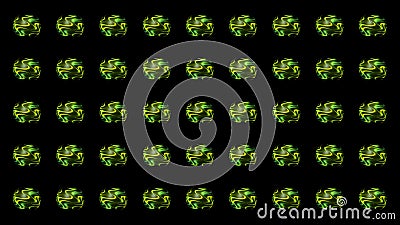 Many abstract 3D spheres in symmetric rows with the pattern of green waves, seamless loop. Motion. Energy vibrating Stock Photo