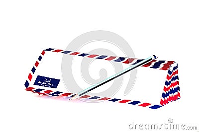 Many air mail letter on the white background. Stock Photo