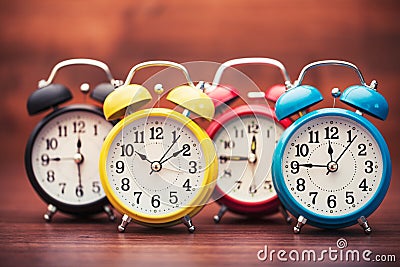 Many alarm clocks on wooden table Stock Photo