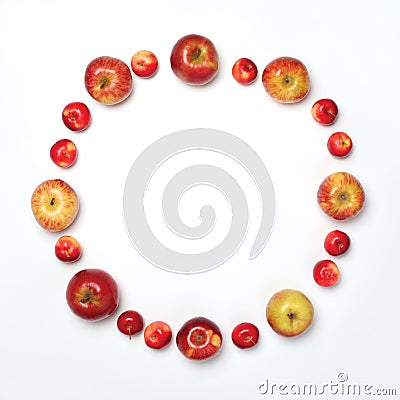 Many apples fruits in the shape of circle isolated on white back Stock Photo