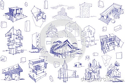 Many architectural sketches of a modern abstract architecture and geometric objects Vector Illustration
