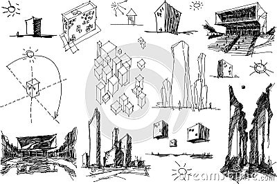 Many architectural sketches of a modern abstract architecture and geometric objects Vector Illustration