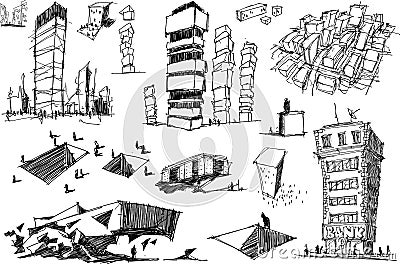 Many architectural sketches of a modern abstract architecture and geometric objects Vector Illustration