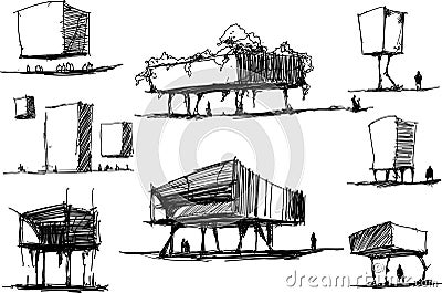 many architectural sketches of a modern fantastic architecture Vector Illustration