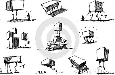 Many architectural sketches of a modern fantastic architecture Vector Illustration