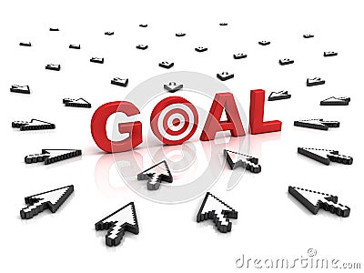 Many arrow cursors mouse aiming to goal target or dart board Stock Photo