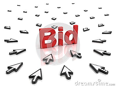 Many arrow cursors mouse clicking red bid text Stock Photo