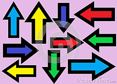 Many arrows pointing in various directions with bold black outlines and in multiple colors Stock Photo