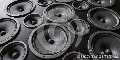 Many audio speakers in studio. 3D rendered illustration. Cartoon Illustration