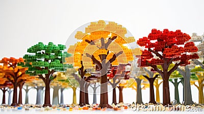 Many autumn fall tree made of plastic construction blocks on white web banner. Toy forest wood trees made of childrens blocks on a Stock Photo