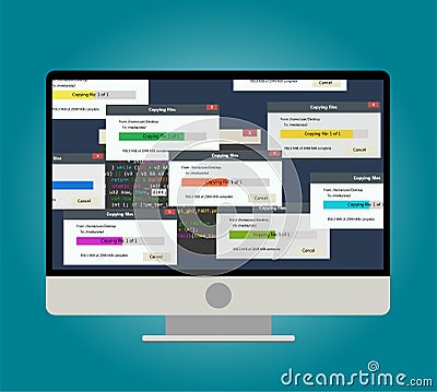 Backup files copying progress bar on computer screen. Illustration on blue background. Vector Illustration