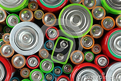 Many batteries of different types as background, top view Stock Photo