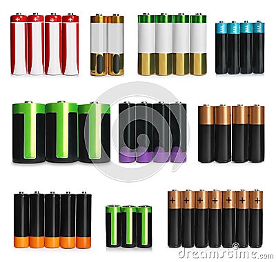 Many batteries of different types on white background, collage Stock Photo
