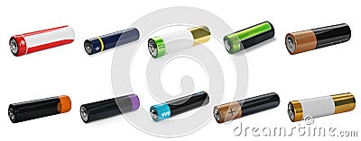 Many batteries of different types on white background, collage. Banner design Stock Photo