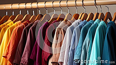 Many beautiful fashionable bright multi-colored shirts on hangers Stock Photo