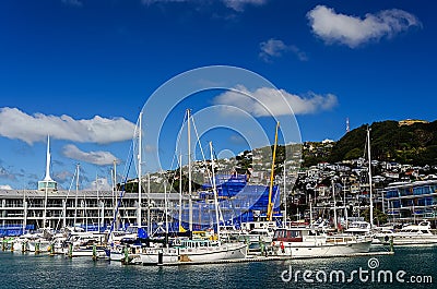 Many beautiful moored sail yachts in the sea port Stock Photo