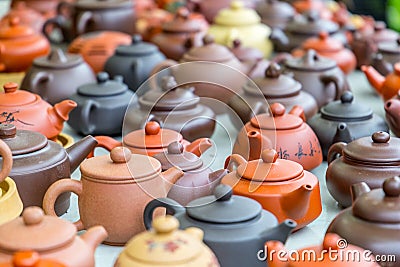 Many Beautiful Teapots in Hong Kong Market Editorial Stock Photo