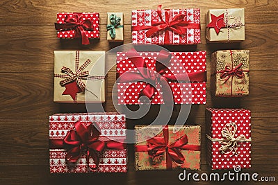 Many beautifully wrapped vintage christmas presents, view from above Stock Photo