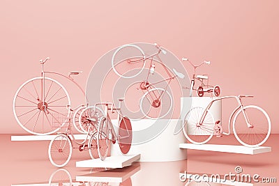 Many bicycle on platform with pink background Stock Photo