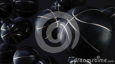 Many black basketball balls with Gold Metallic Line in an endless pile seen from the front. Dark background. Futuristic sports con Stock Photo