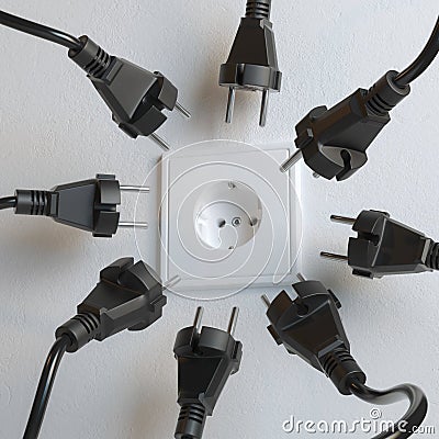 Many Black Electric Plugs are Fighting for Power from the Wall Socket Stock Photo