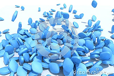 Many blue pills fall on white background Cartoon Illustration