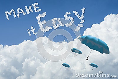 Many blue umbrella floating above against Blue sky and cloud.Sunny day.Cloudscape.close up the cloud.text make it easy. Stock Photo