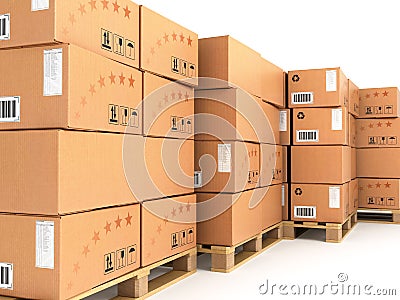 Many boxes stacked on pallets Stock Photo