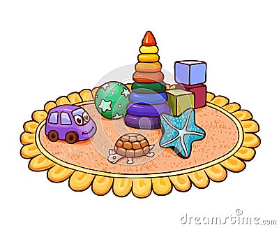 Many bright children`s toys on a round rug in the nursery. Vector illustration suitable for kids magazine or coloring Vector Illustration