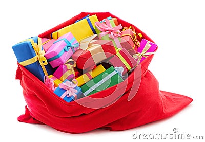 Many bright gifts in Santa`s sack Stock Photo