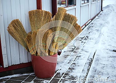 Many brooms are sold Stock Photo