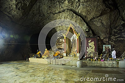 Many buddha and god and angel and hermit statue in cave at Wat Khao Orr Editorial Stock Photo