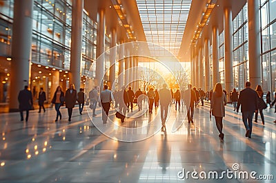 Many business people walking in bright office lobby fast moving with blurry. Stock Photo