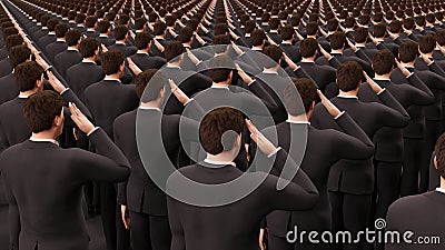 Many businessman military group obedience dictatorship salute 3D illustration Cartoon Illustration