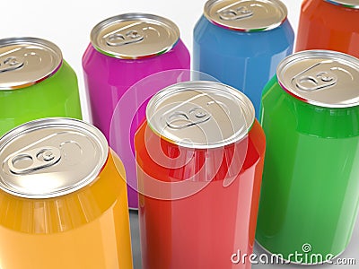 Many cans of colorful carbonated drinks. Stock Photo
