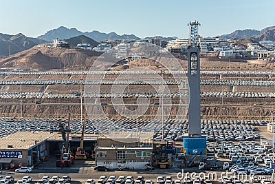 Many cars in outdoor warehouse in Port of Eilat in Israel Editorial Stock Photo