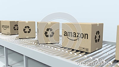 Boxes with AMAZON logo move on roller conveyor. Editorial 3D rendering Editorial Stock Photo