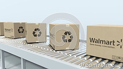 WALMART logo on moving boxes on roller conveyor. Editorial 3D rendering Editorial Stock Photo